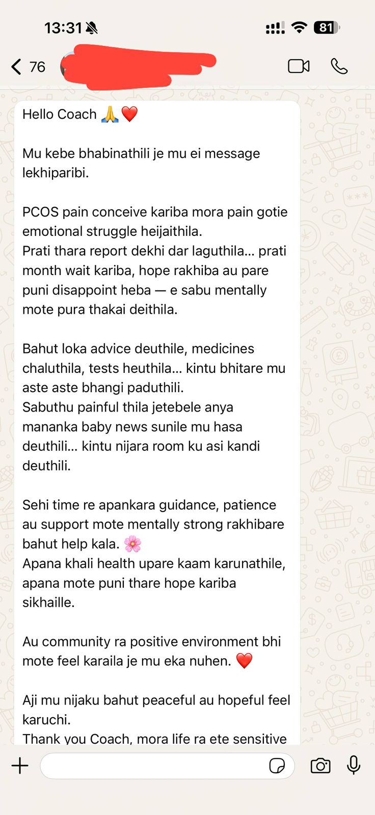 WhatsApp testimonial from a Yours Wellness community member about emotional support and renewed hope