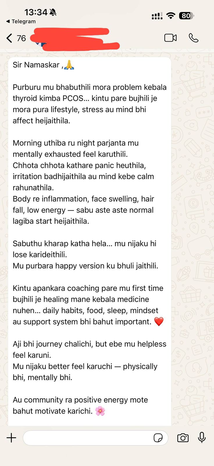 WhatsApp testimonial from a Yours Wellness community member about lifestyle, energy, and mindset support