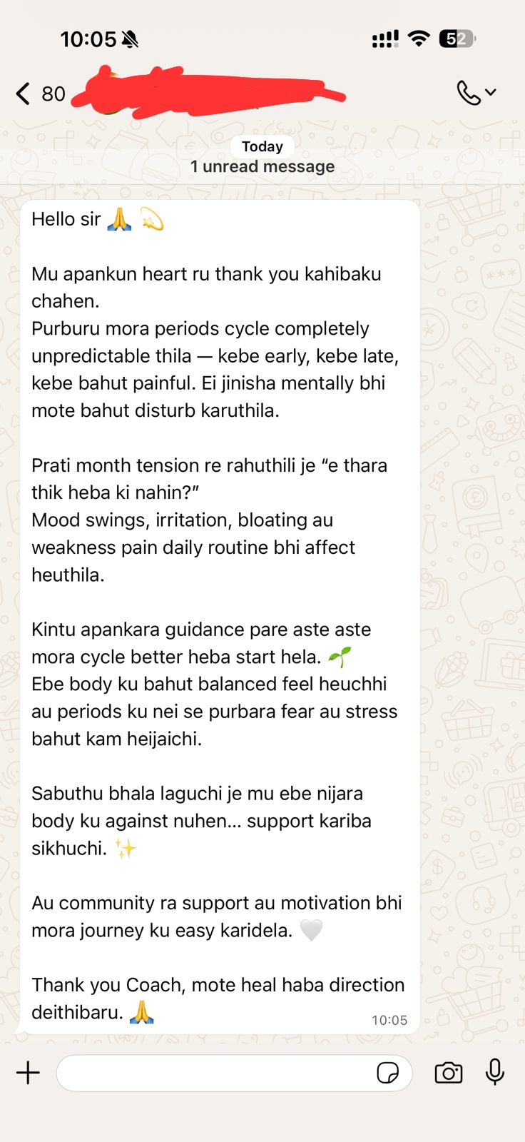 WhatsApp testimonial from a Yours Wellness community member about period cycle support and reduced stress