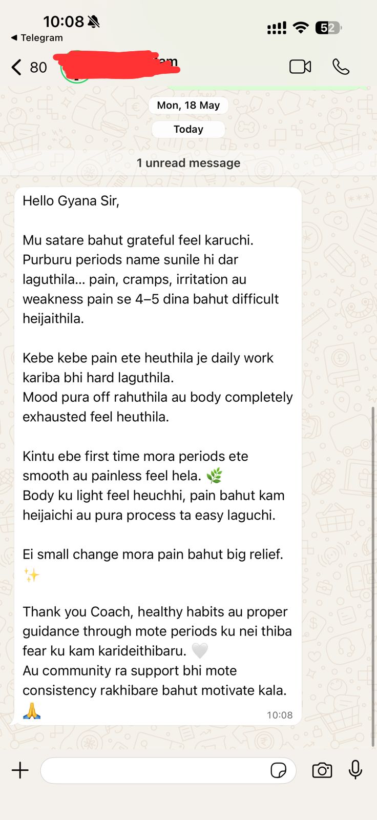 WhatsApp testimonial from a Yours Wellness community member about smoother periods and reduced pain