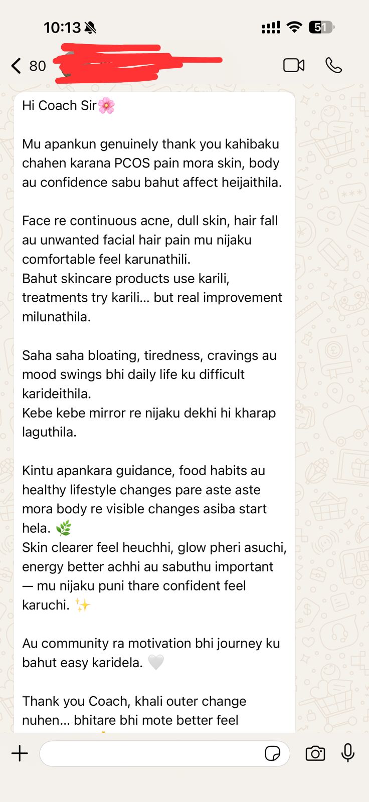 WhatsApp testimonial from a Yours Wellness community member about skin, energy, and confidence