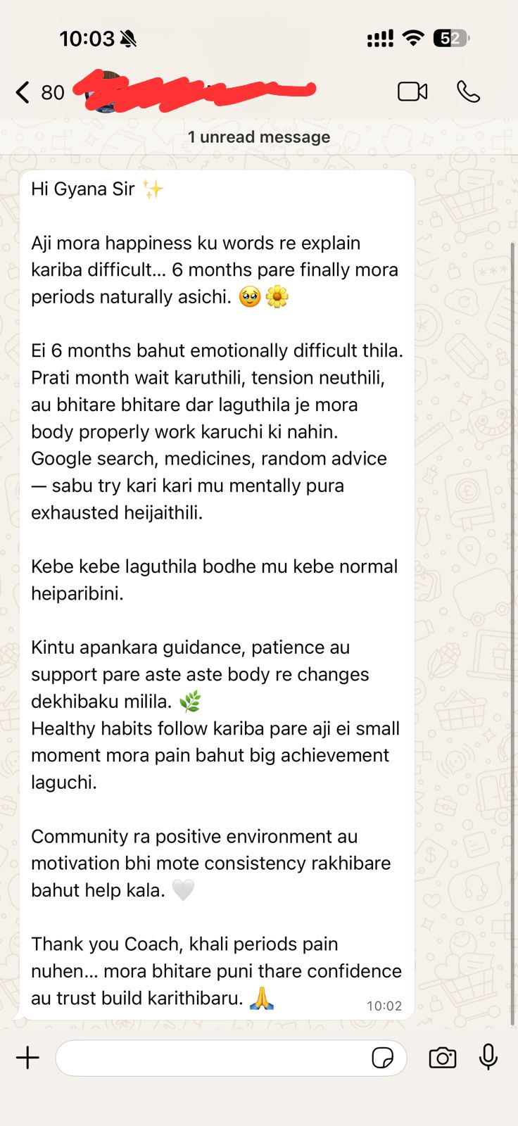 WhatsApp testimonial from a Yours Wellness community member about natural periods and renewed trust