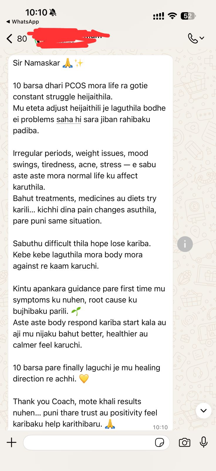 WhatsApp testimonial from a Yours Wellness community member about long-term hormone symptoms and feeling calmer